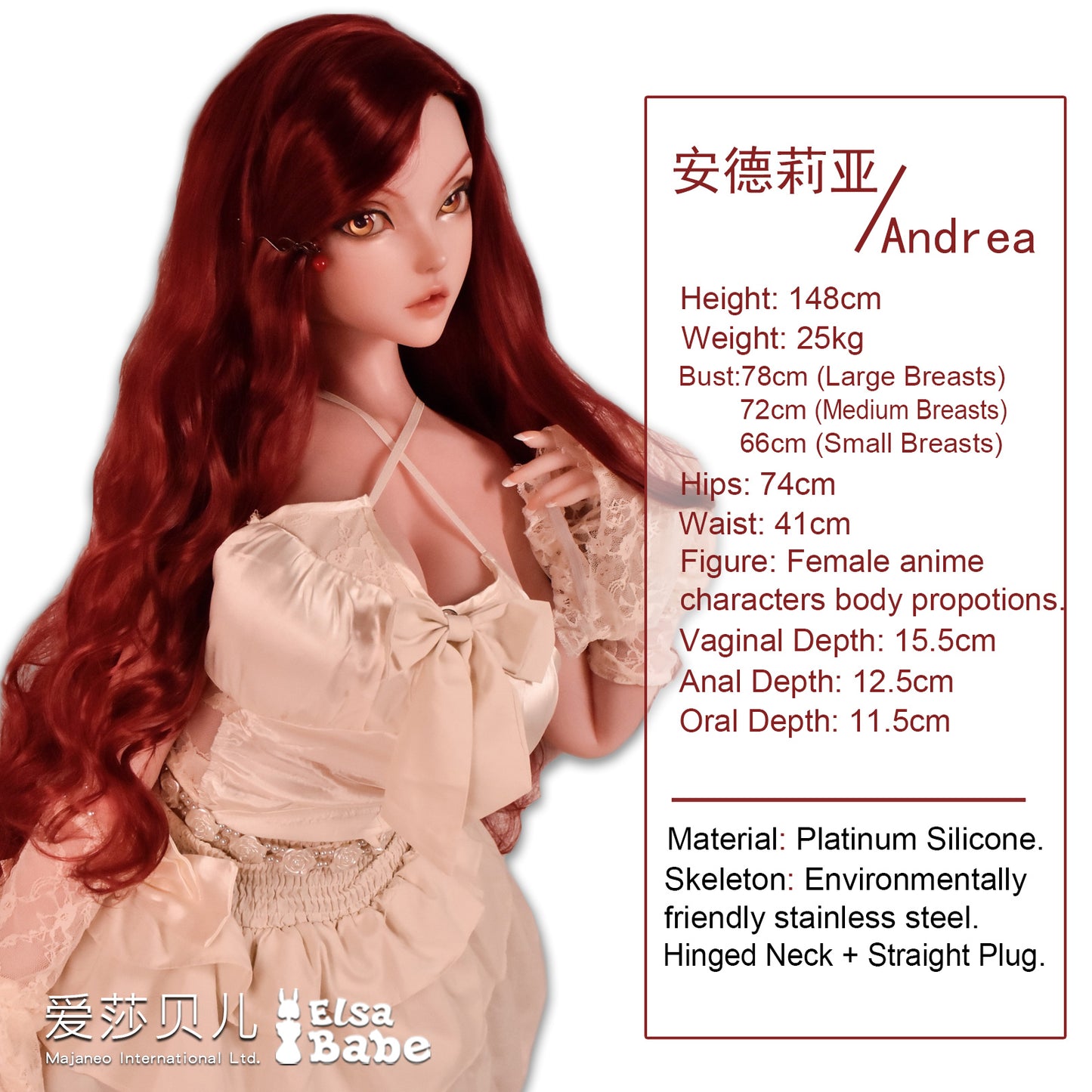 ElsaBabe 148cm Anime Doll Platinum Silicone Love Doll Adult Toy With Metal Skeleton, Andrea Cooper